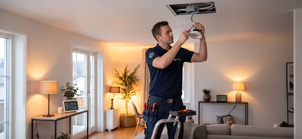 Montør fra Elteknikk AS monterer downlight i en stue